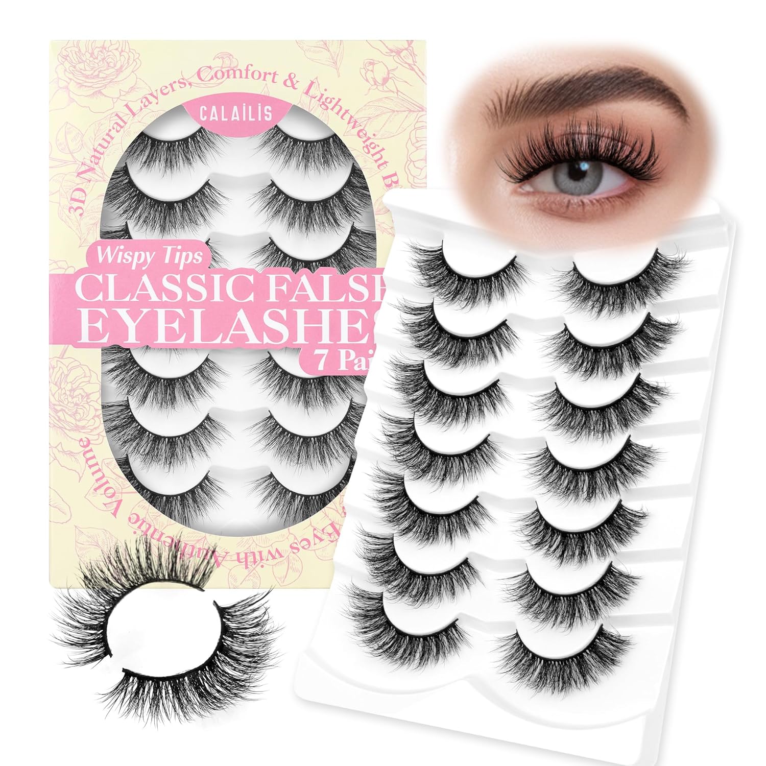 CALAILIS 7pairs/box False Eyelashes - Wispy 3D Fluffy Soft Reusable Strip Lashes