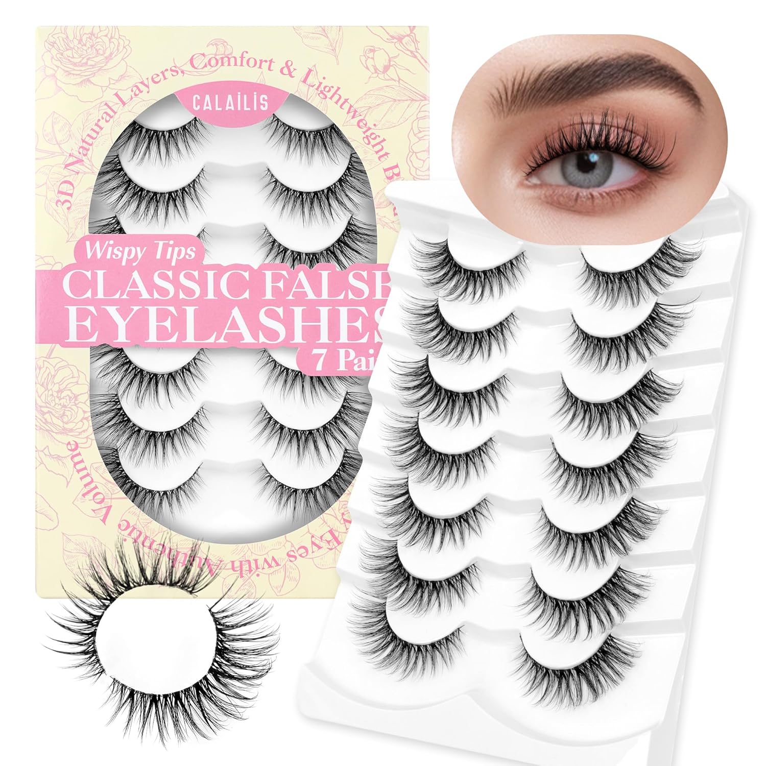 CALAILIS 7pairs/box False Eyelashes - Wispy 3D Fluffy Soft Reusable Strip Lashes
