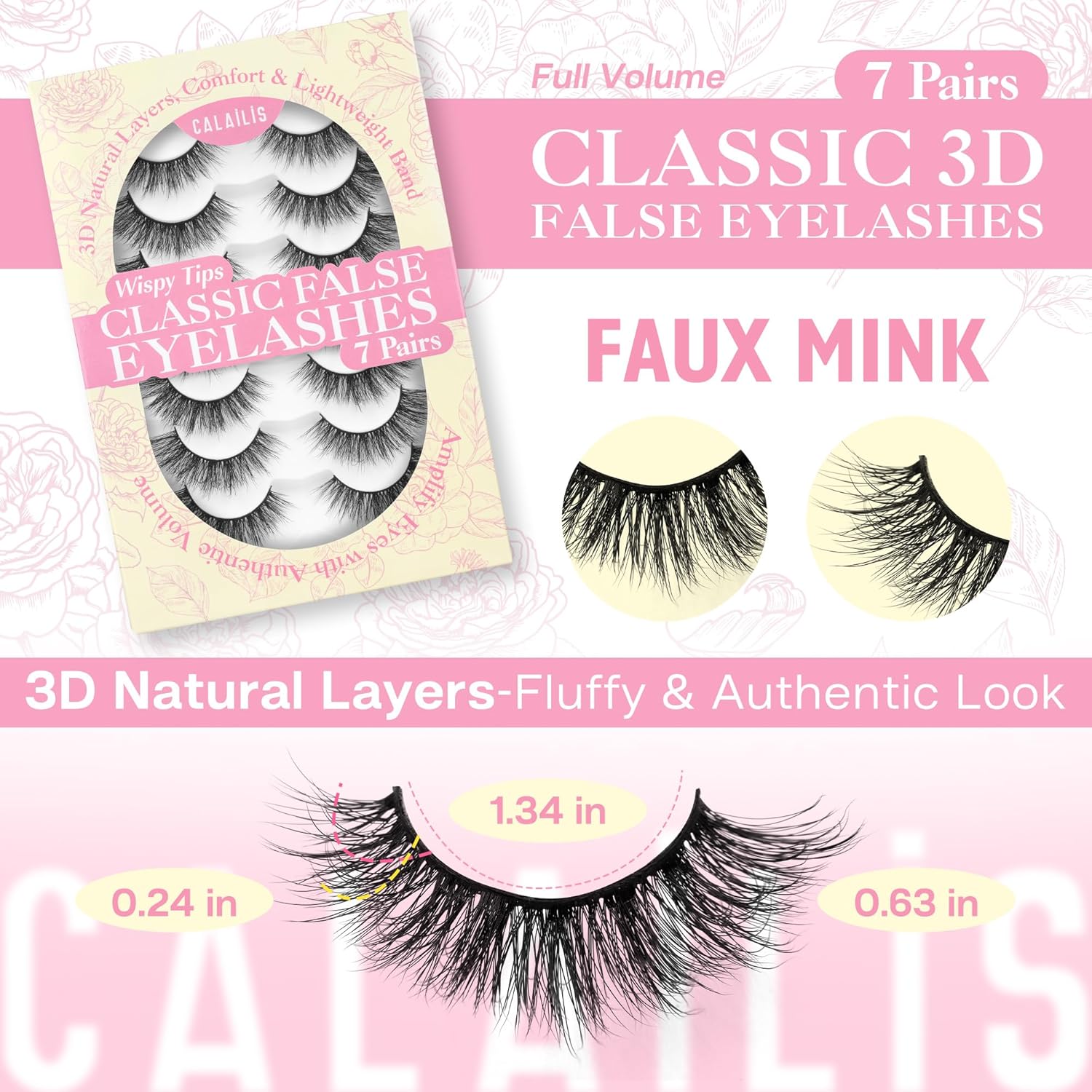 CALAILIS 7pairs/box False Eyelashes - Wispy 3D Fluffy Soft Reusable Strip Lashes
